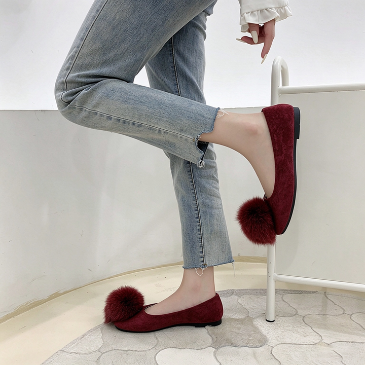 Ladies Cute Furry Pom Pom Ballet Flat Footwear