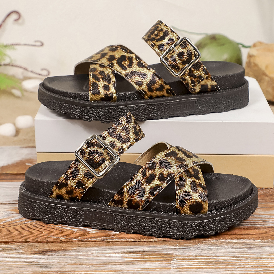 Leopard Print Buckle Strap Platform Slide Sandals