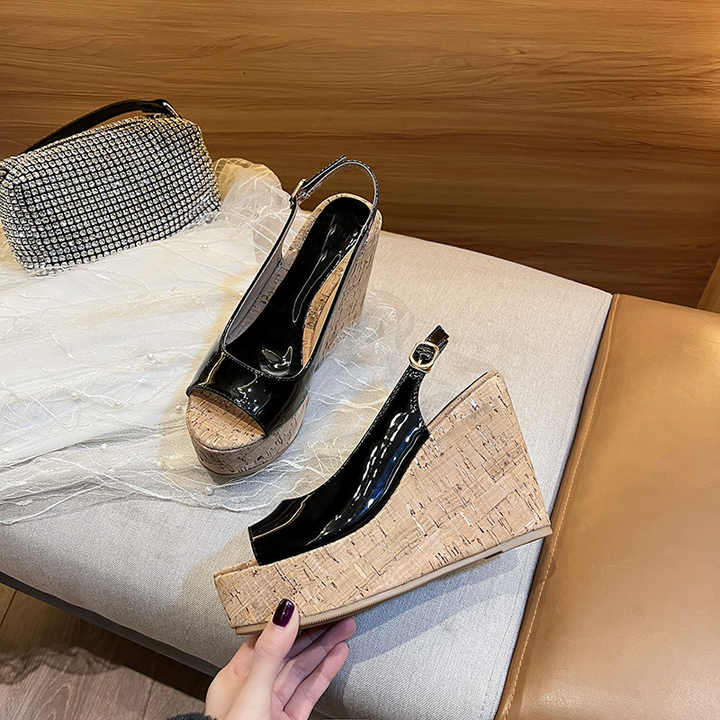 Patent leather cork wedge sandals