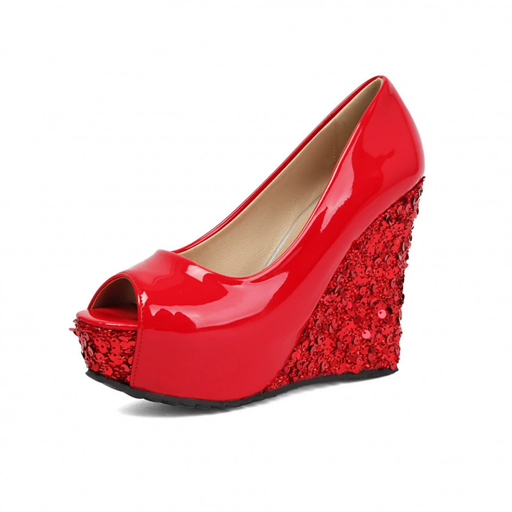 Sequin Wedge Peep Toe Platform Heels