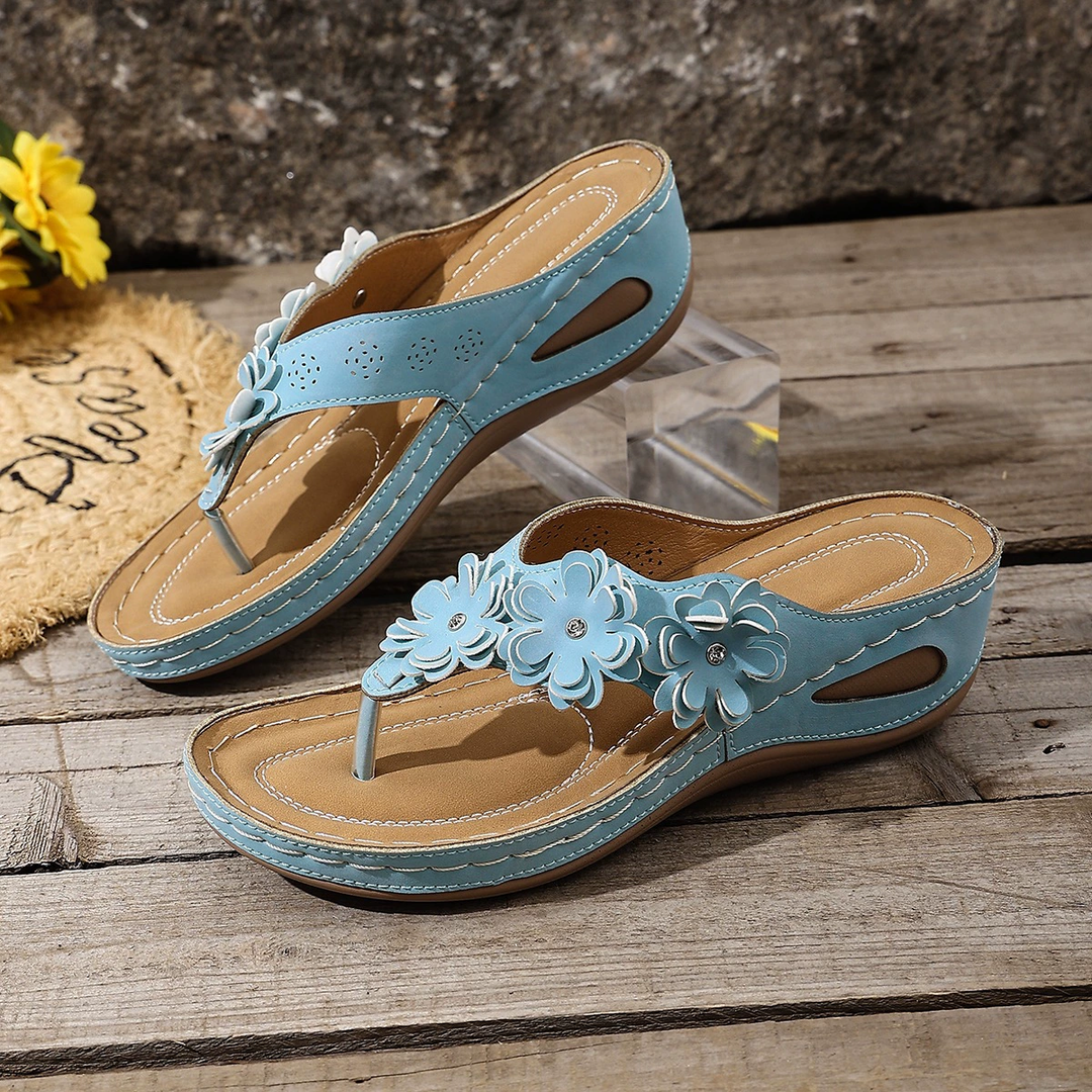Floral Decor Wedge Heel Flip Flop Sandals