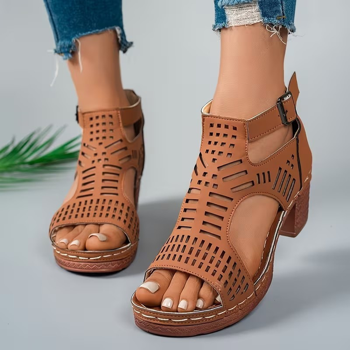 Cut-Out Ankle Strap Chunky Heel Sandals