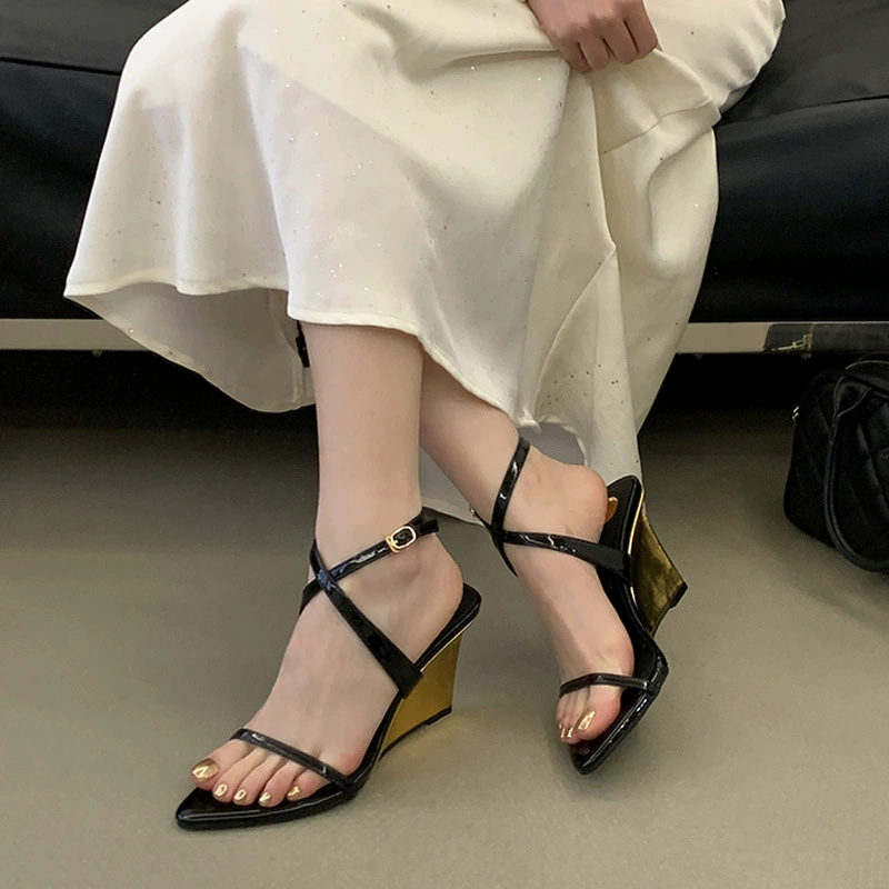 Pointed Toe Gold Wedge Heel Strappy Sandals