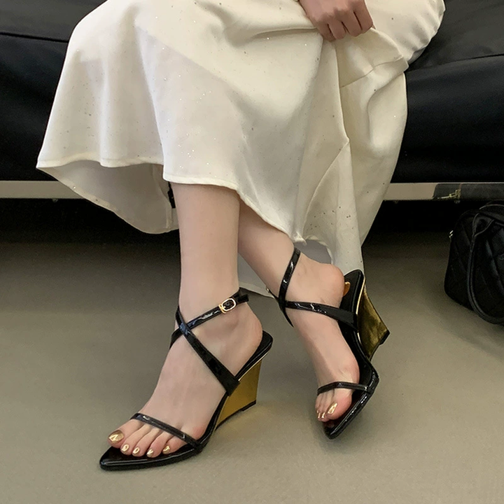 Pointed Toe Gold Wedge Heel Strappy Sandals