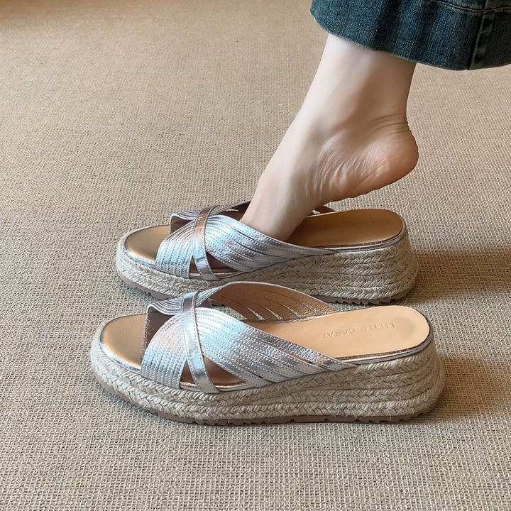 Cross Strap Espadrille Wedge Slide Sandals