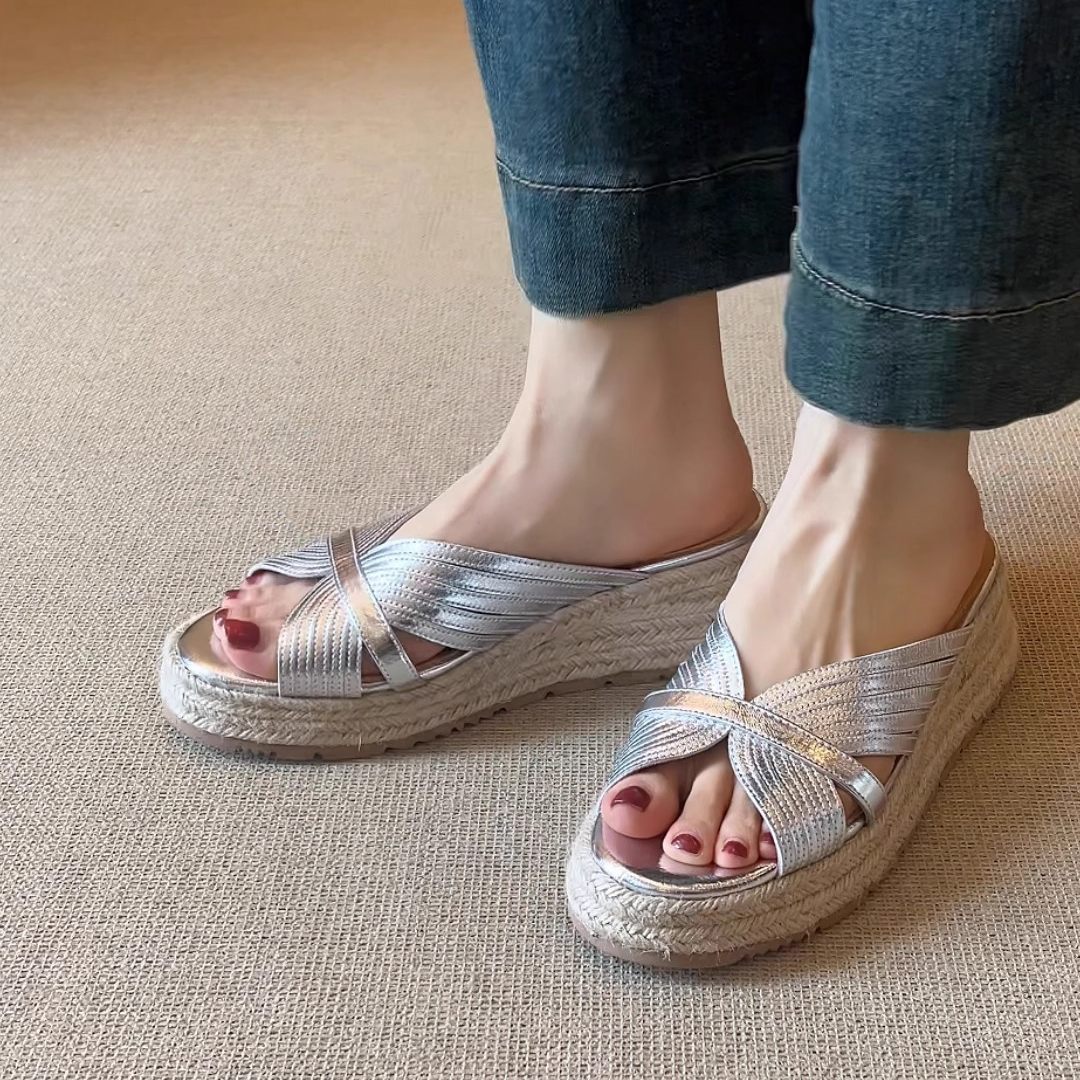 Cross Strap Espadrille Wedge Slide Sandals