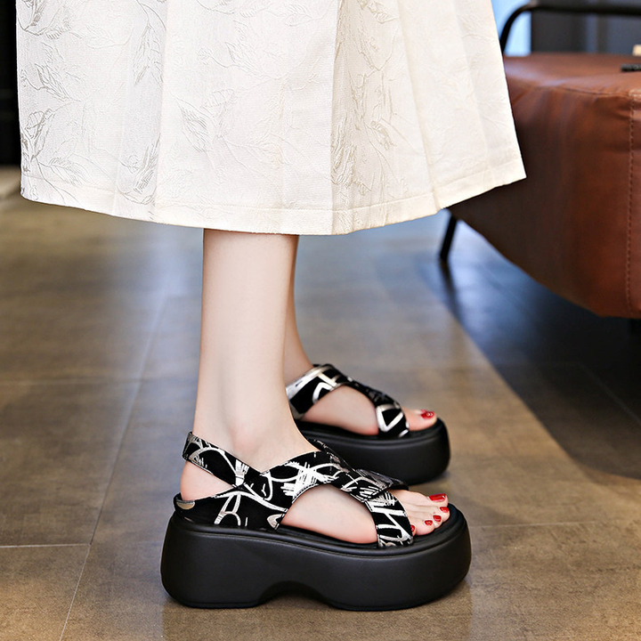 Graffiti Print Cross-Strap Platform Sandals