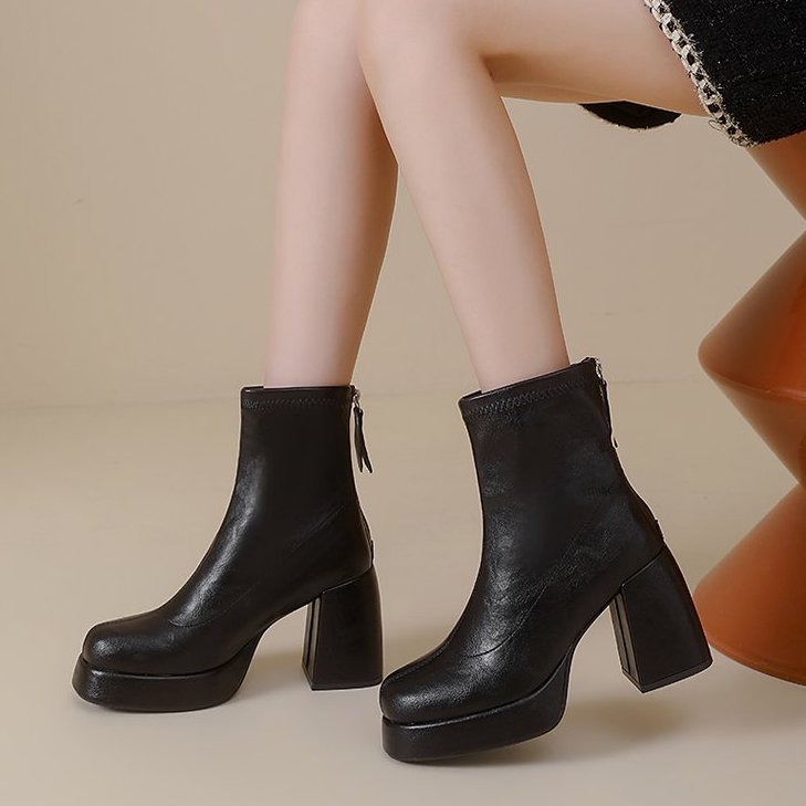 Platform Block Heel Back Zip Ankle Boots