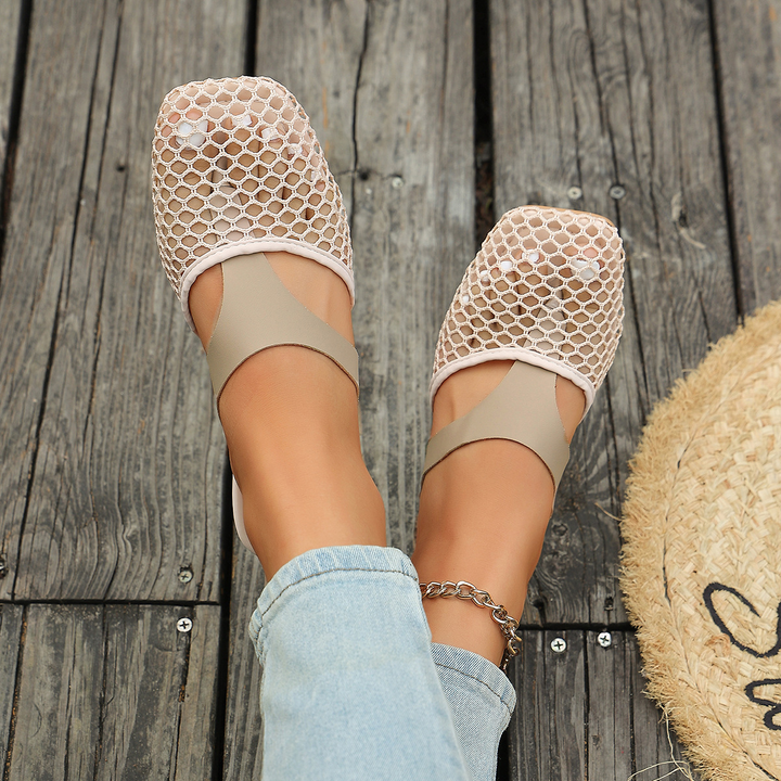 Casual Hollow Mesh T-Strap Open Back Flat Slippers
