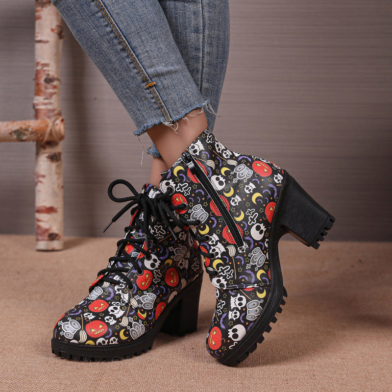 Spooky Skull Print Fashion Short Boots