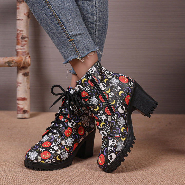 Spooky Skull Print Fashion Short Boots