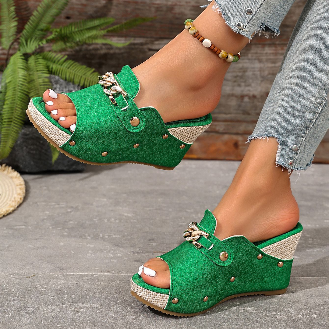 Chain Decor Peep Toe Platform Wedge Slide Sandals
