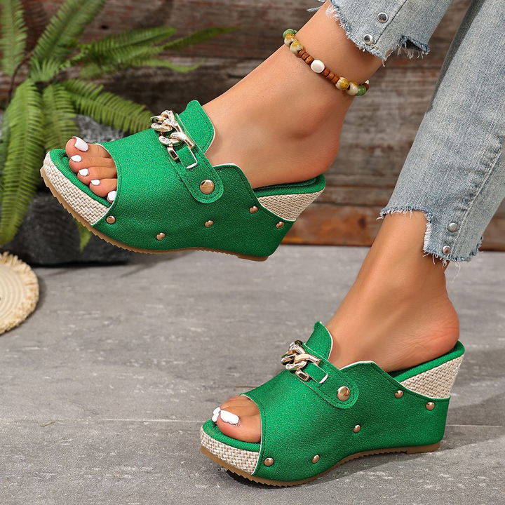 Chain Decor Peep Toe Platform Wedge Slide Sandals