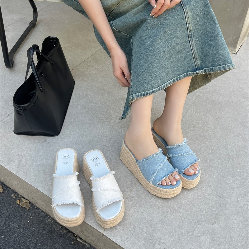 Frayed Denim Espadrille Wedge Slide Sandals