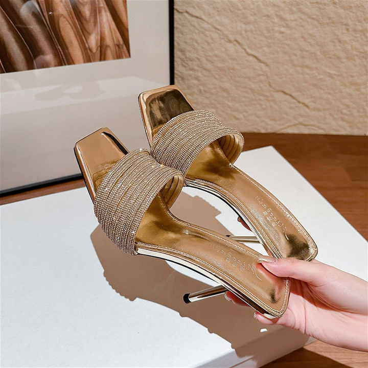 Rhinestone Strap Square Toe Stiletto Slide Mules