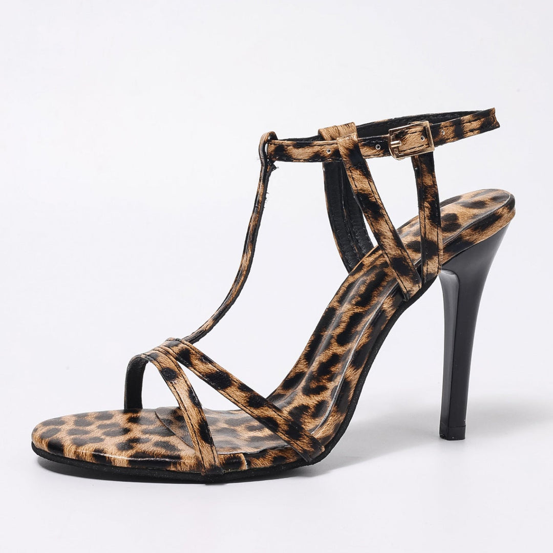 Fashion Leopard Open Back Ankle Buckle Heels
