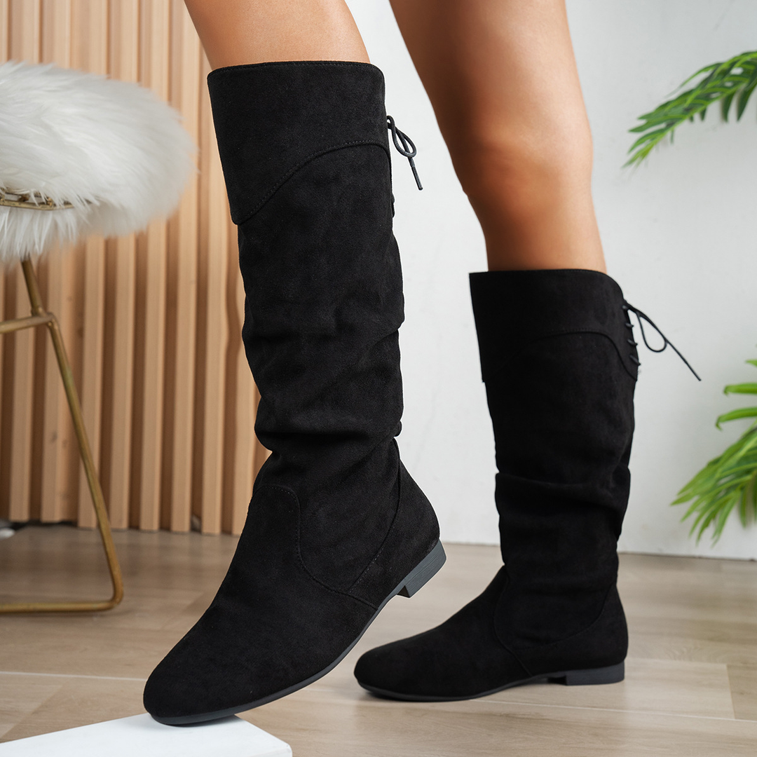 Ruched Knee High Boots Back Lace Up Flat Heel Boots