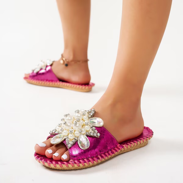 Floral Pearl Slip On Flat Slides