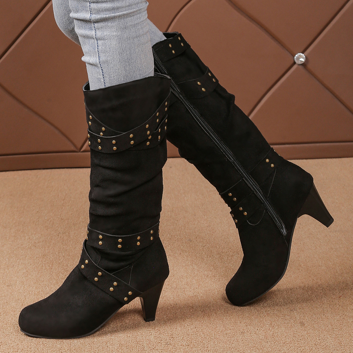 Side Zip Rivet Decor Straps Mid‑Calf Heeled Boots