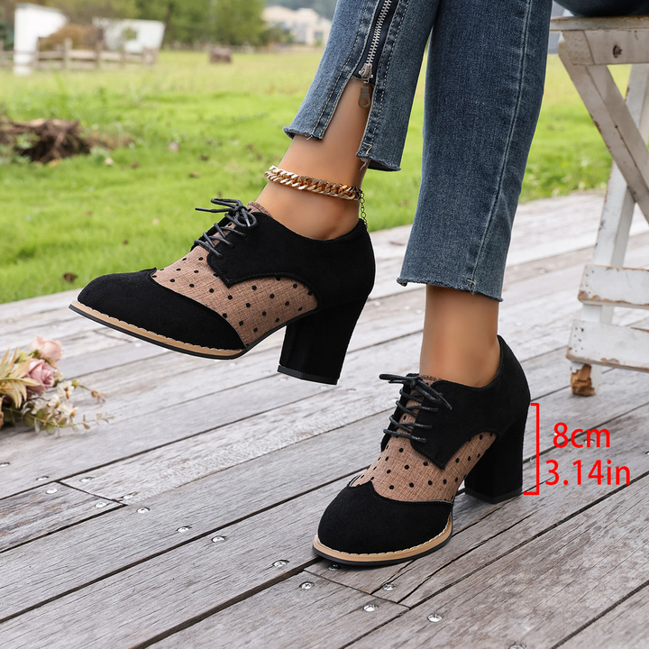 Vintage polka-dot lace-up high-heeled shoes