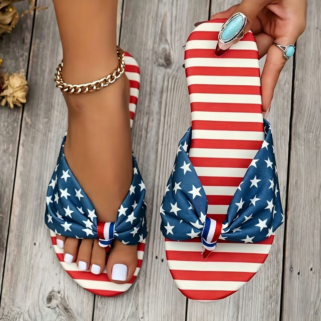 Star-and-striped knot-decorated flat sandals