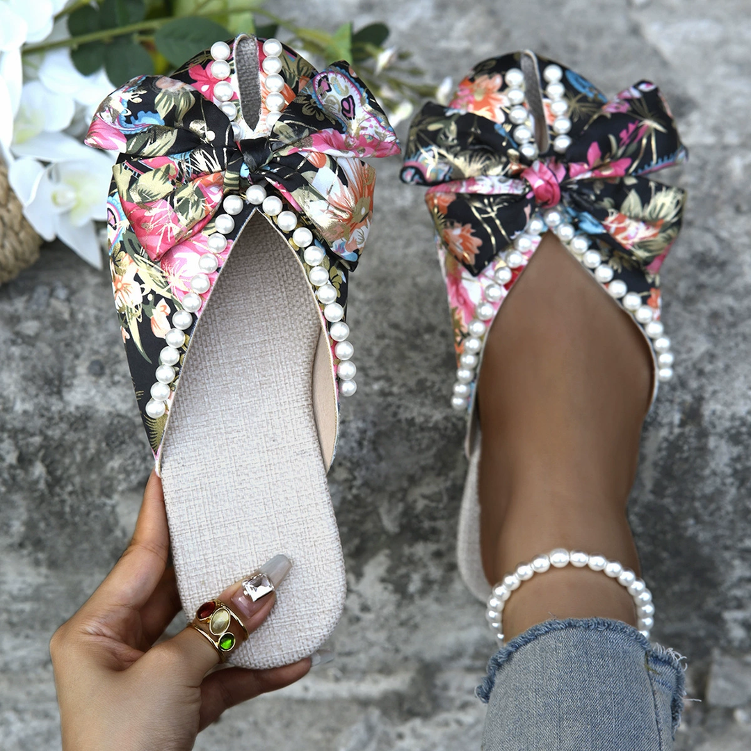 Floral Pearl Bow Open Toe Flat Slides