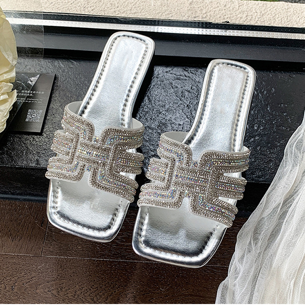 Rhinestone Geometric Strap Square Toe Slide Sandals