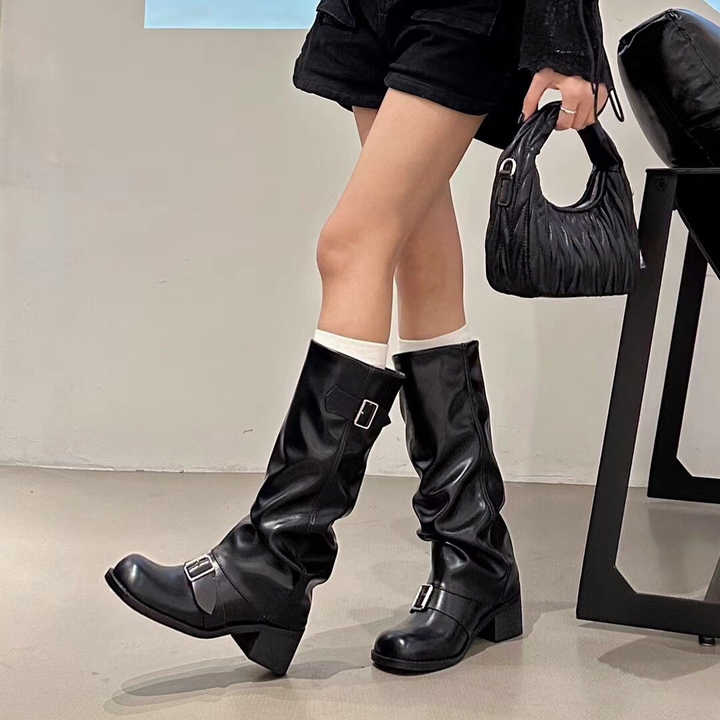Women Slouchy Buckle Knee High Boots