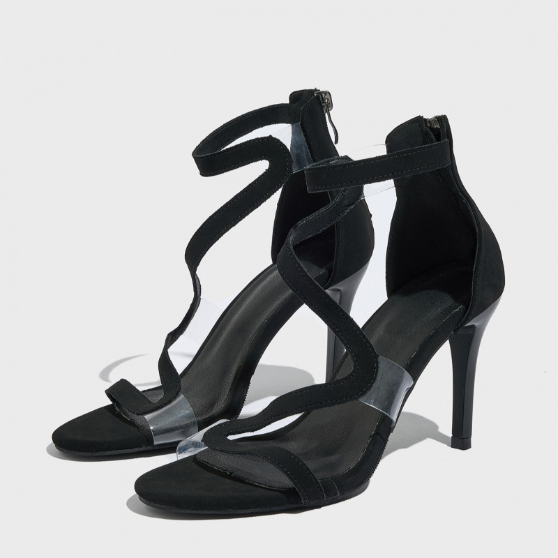 Black Clear Stiletto Heel Wrap Sandals