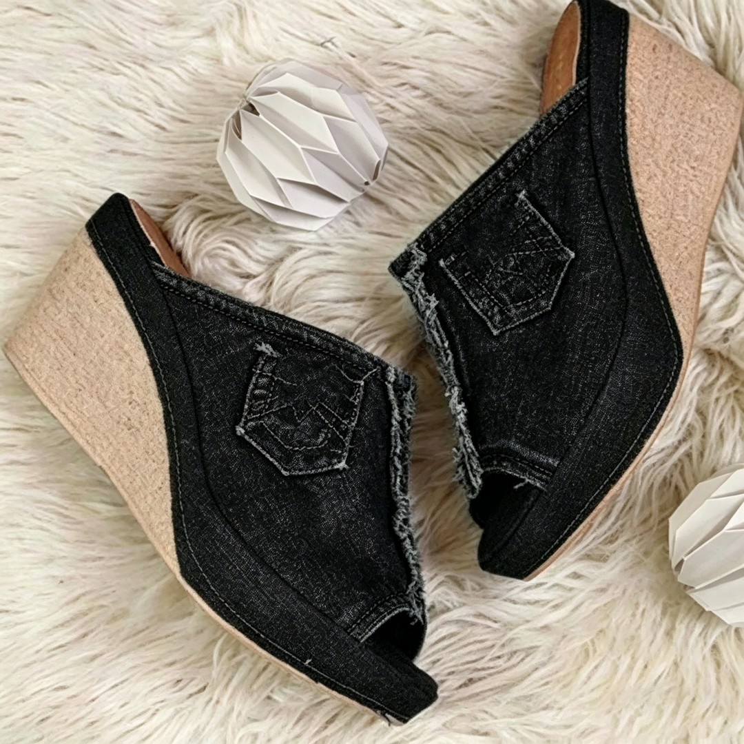 Denim Open-Toe Wedge Sandals