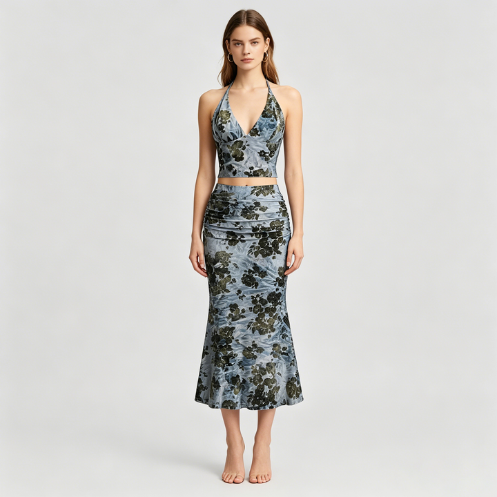 Printed Backless Pleated High-Waisted Fishtail Skirt Set