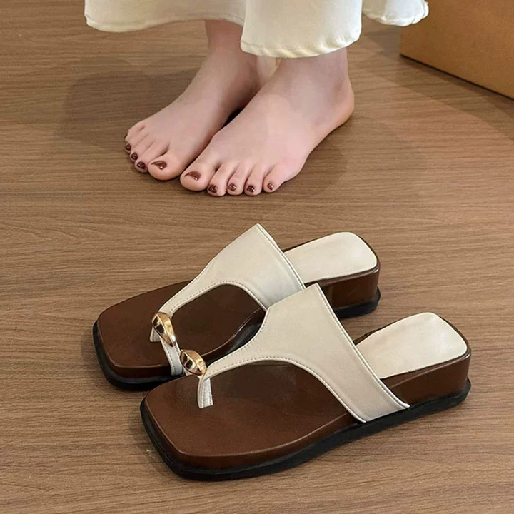 Minimal Gold Buckle Square Toe Flip Flops For Women