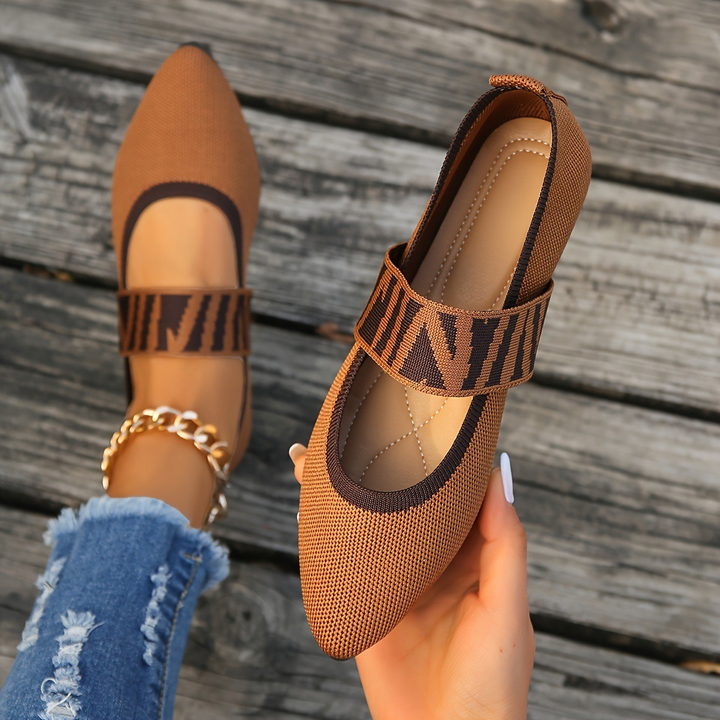 Women Knit Pointed Toe Mary Jane Flat Shoes