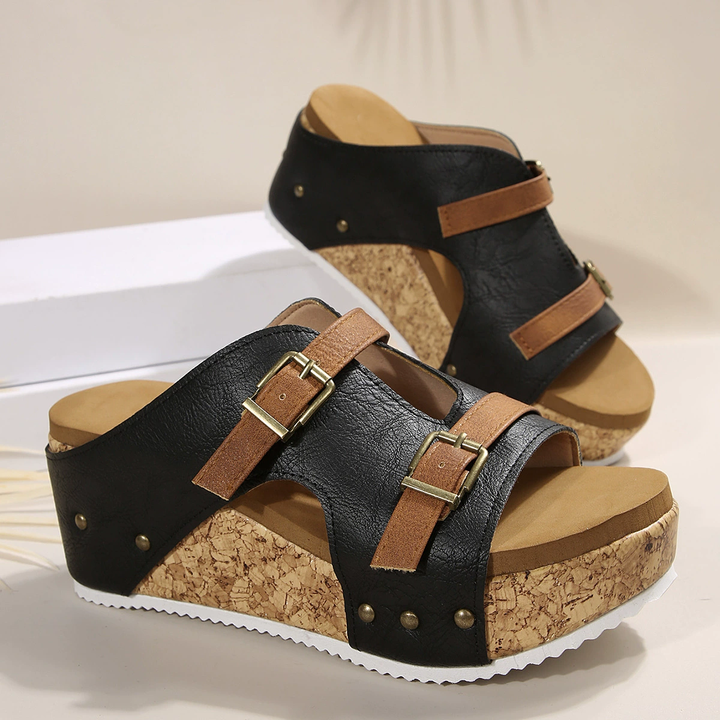 Dual Buckle Cork Wedge Slide Sandals