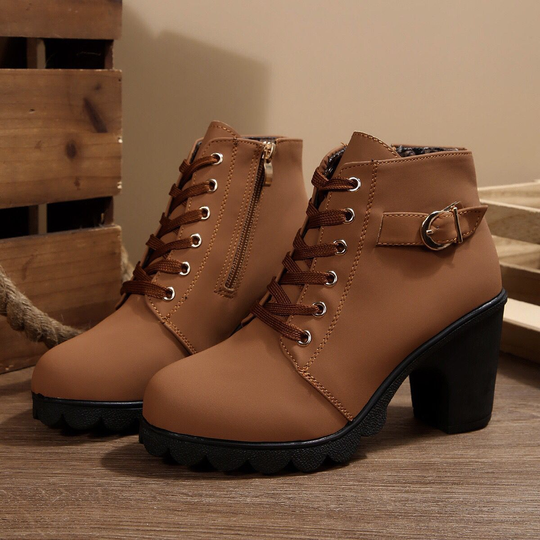 Side Zipper Buckle Strap Block Heel Ankle Boots