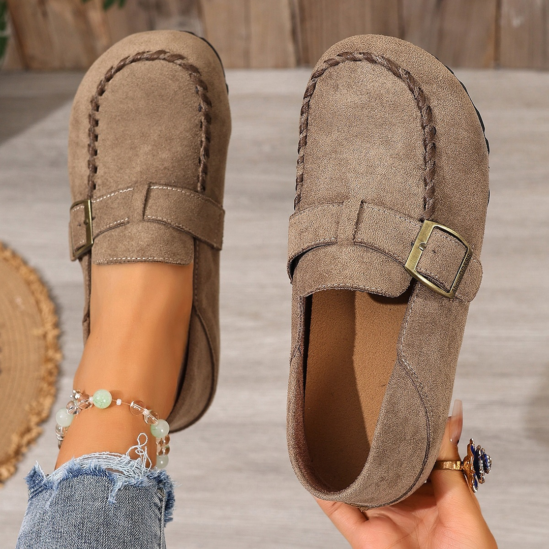 Buckle Decor Stitched Slip On Flat Loafers For Women
