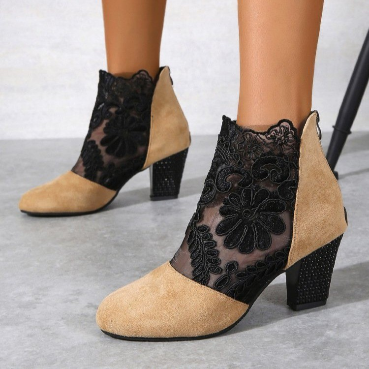See Through Floral Lace Mesh Rhinestone Block Heel Booties