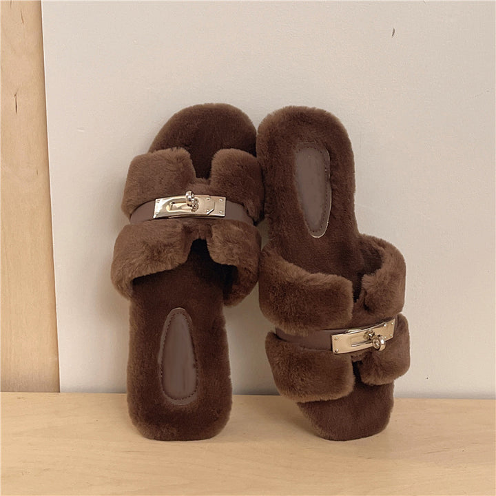 Plush Open Toe Slide Slippers