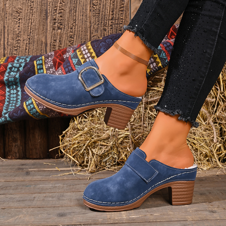Warm Lined Buckle Decor Block Heel Clogs