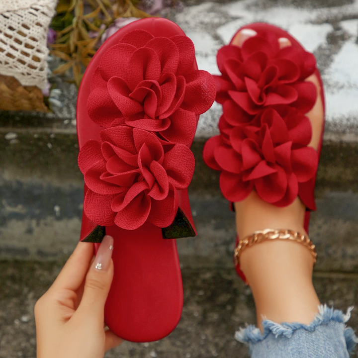 Boho Two Big Flower Flat Casual Beach Slide Sandals