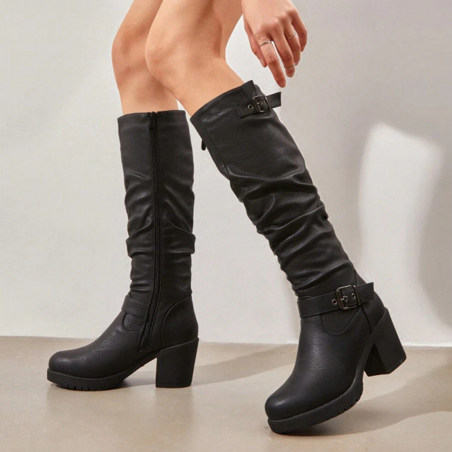 Buckle Ruched Knee High Block Heel Boots
