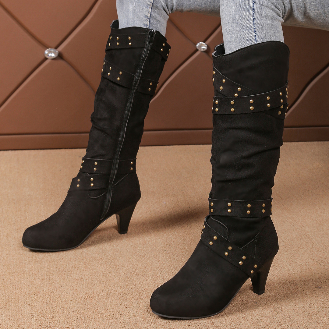 Side Zip Rivet Decor Straps Mid‑Calf Heeled Boots