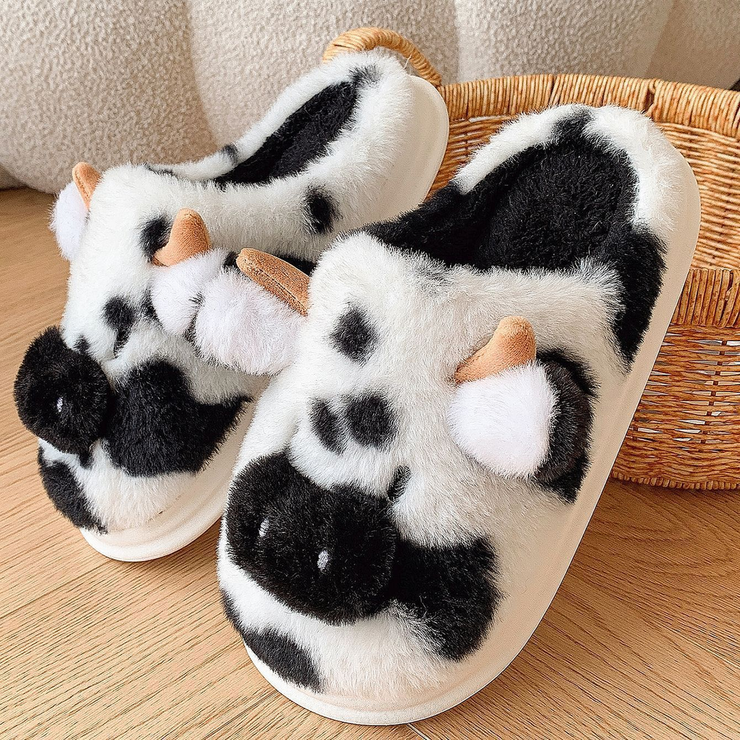 Cartoon Cow Closed Toe Plush Slippers