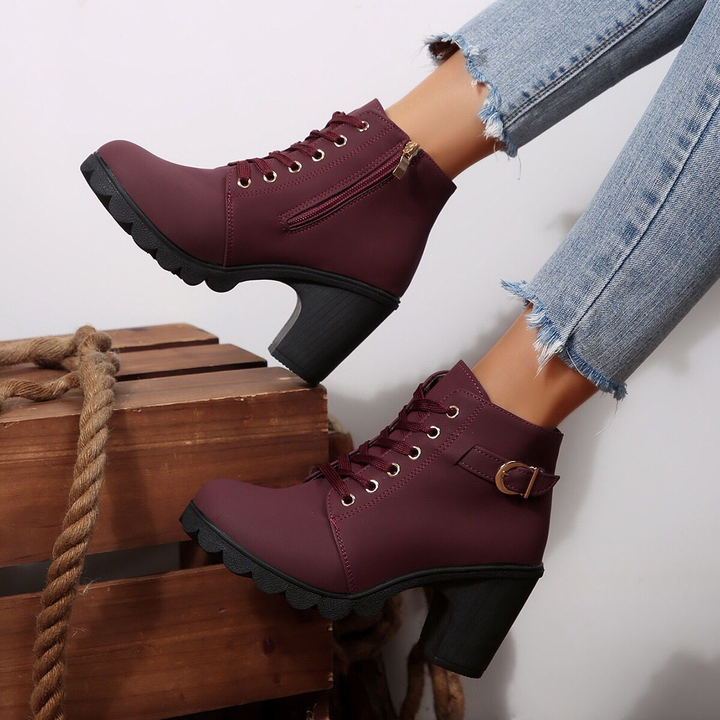Side Zipper Buckle Strap Block Heel Ankle Boots
