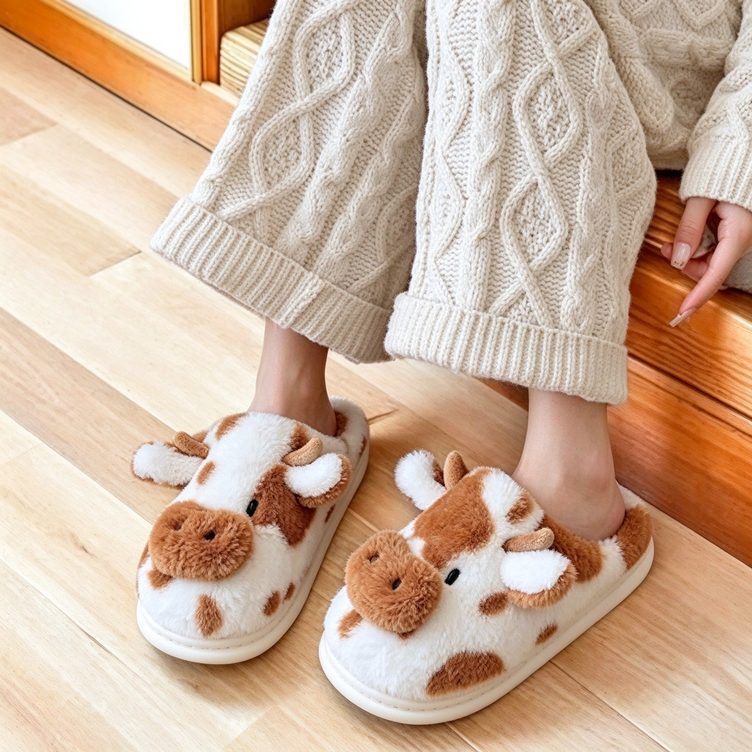 Cartoon Cow Closed Toe Plush Slippers
