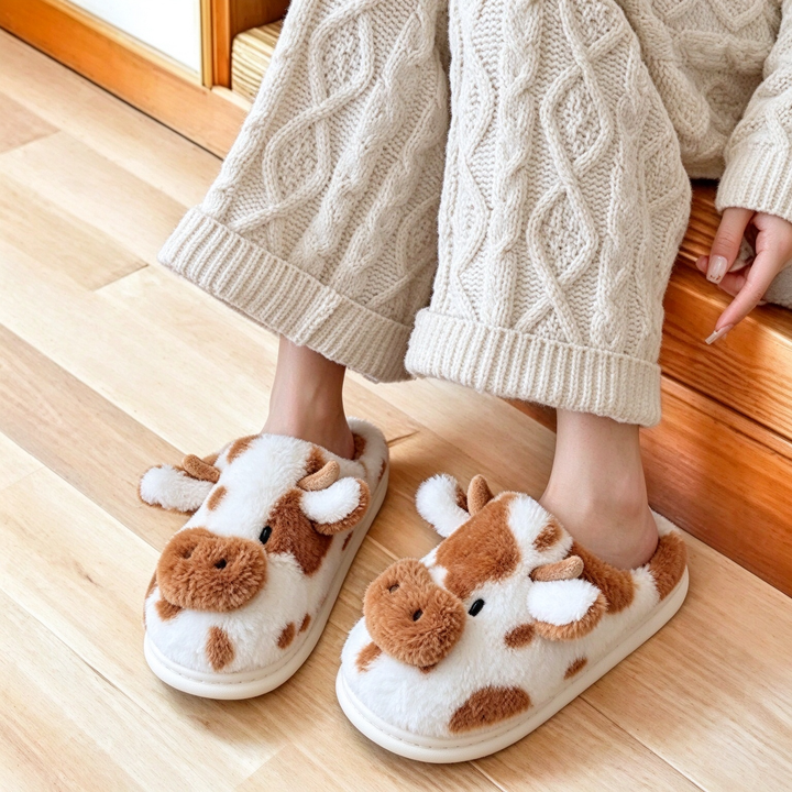 Cartoon Cow Closed Toe Plush Slippers
