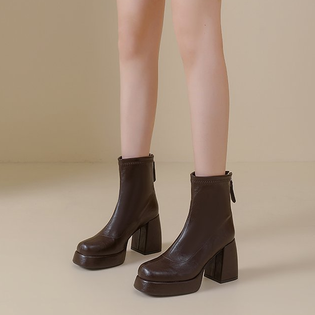 Platform Block Heel Back Zip Ankle Boots