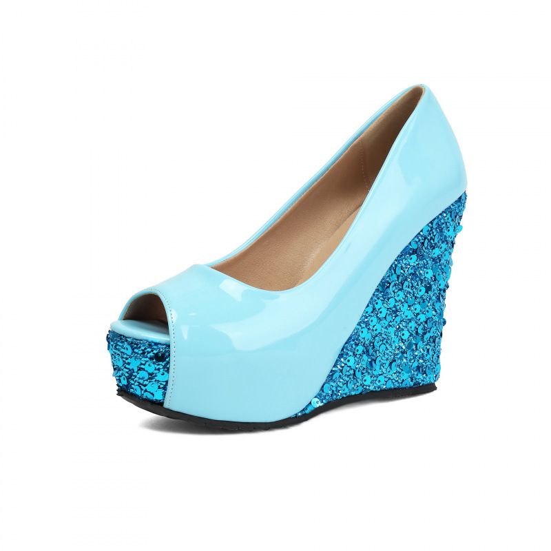 Sequin Wedge Peep Toe Platform Heels