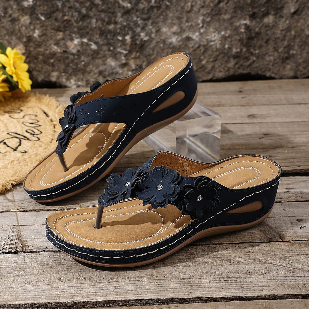 Floral Decor Wedge Heel Flip Flop Sandals