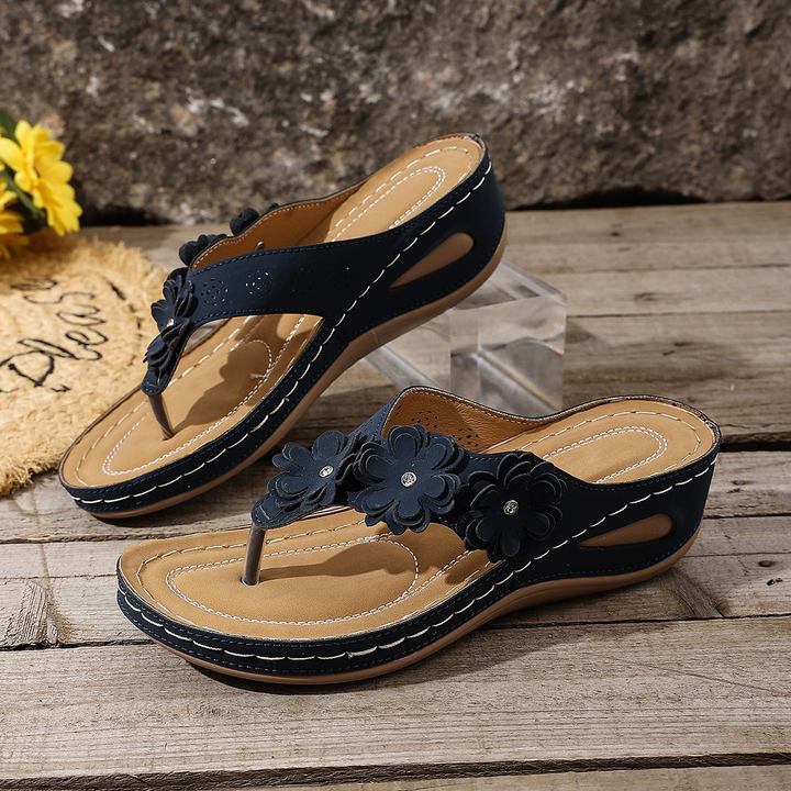 Floral Decor Wedge Heel Flip Flop Sandals